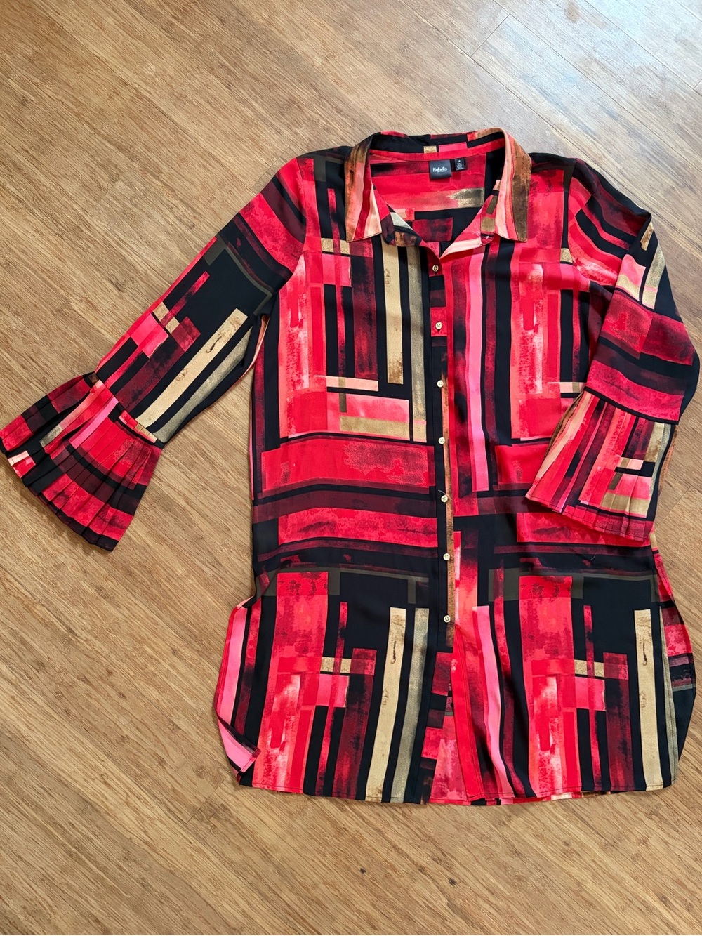 Rafaella Spanish Red Abstract Geometric Pleated Bell Sleeve Tunic Shirt Size 16